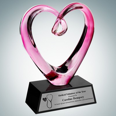 Art Glass Compassionate Pink Heart Award w/ Black Base & Silver Plate