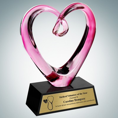 Art Glass Compassionate Pink Heart Award w/ Black Base & Gold Plate